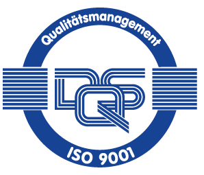 Ein blaues Siegel mit der Aufschrift "Qualitätsmanagement ISO 9001", das das Logo von DQS enthält.