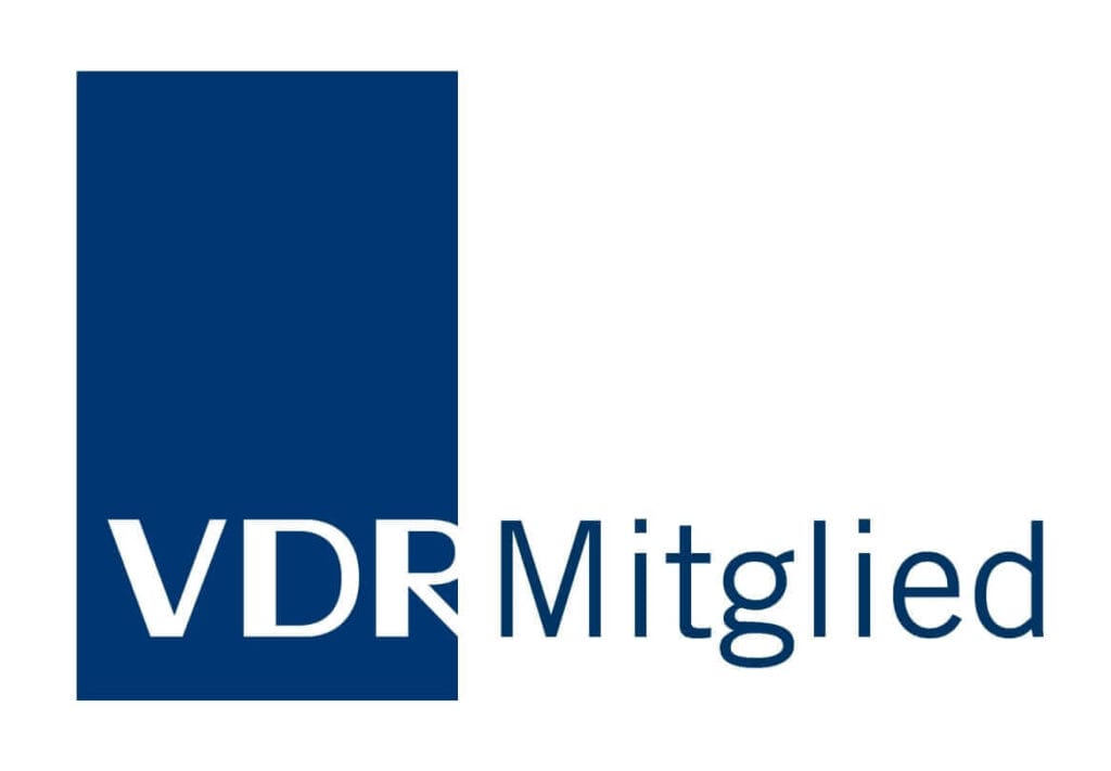 Logo mit großem, blauem Rechteck links und Text "VDR Mitglied" rechts, auf weißem Hintergrund.