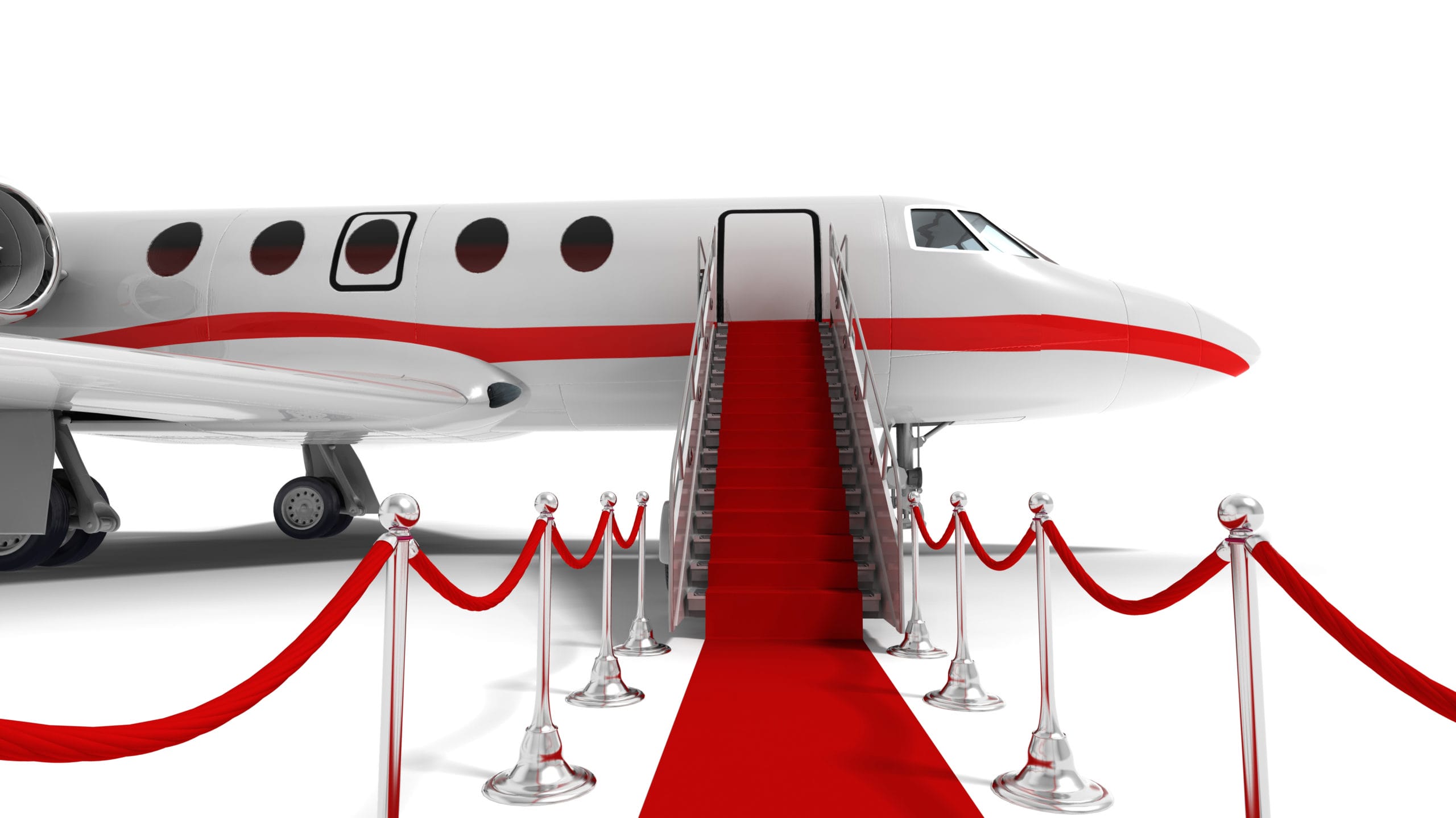 Flugzeug steht am Boden mit offener Tür. Eine rote Treppe führt hinauf, flankiert von Absperrungen mit roten Samtbändern.