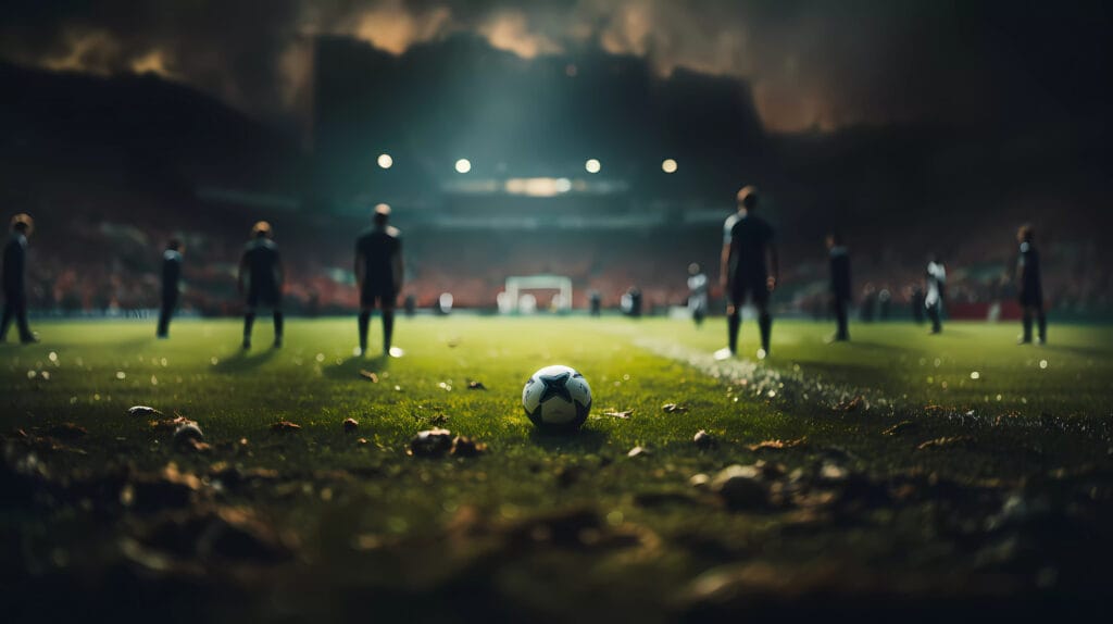 Ein Fußball liegt auf einem Spielfeld, umgeben von unscharfen Spielern im Hintergrund eines beleuchteten Stadions bei düsterem Himmel.
