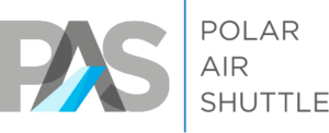 Logo mit großem "PAS" in Grau, einem blauen Streifen, daneben Text "POLAR AIR SHUTTLE."