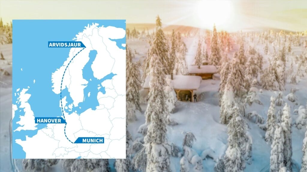 Eine Karte von Nord Europa mit der Flugverbindung, München-Hannover-Arivdsjaur und einer verschneiten Hütte im Hintergrund
