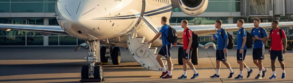 Sportteam läuft zum Flugzeug