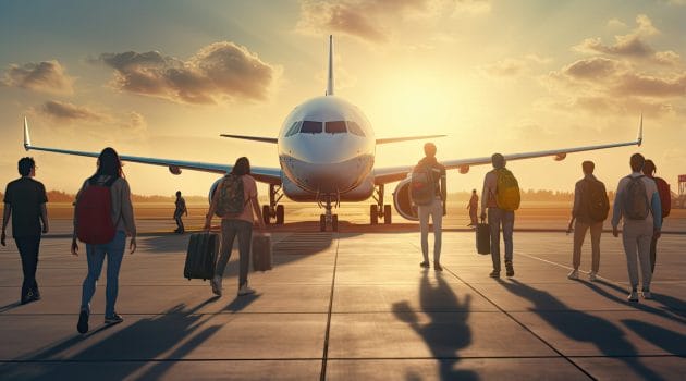 Menschen vor einem Flugzeug für Gruppenflüge Menschen vor einem Flugzeug für Gruppenflüge
